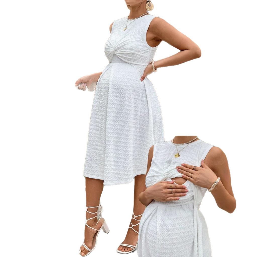 Women's Maternity Nursing Dress Textured Twist Ruched Sleeveless A Line Knee Length Dress for Breastfeeding