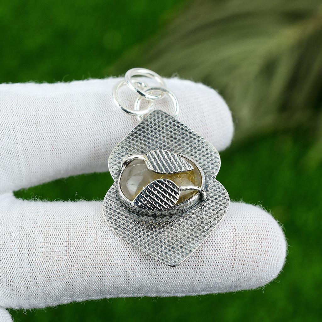 Birthday Gift For Her Natural Golden Rutile Gemstone Pendant 925 Sterling Silver