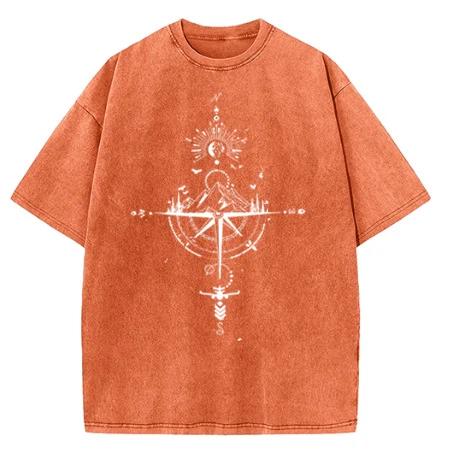 American Vintage Washed T Shirt Compass Mountain Graphic Streetwear Oversized Tee