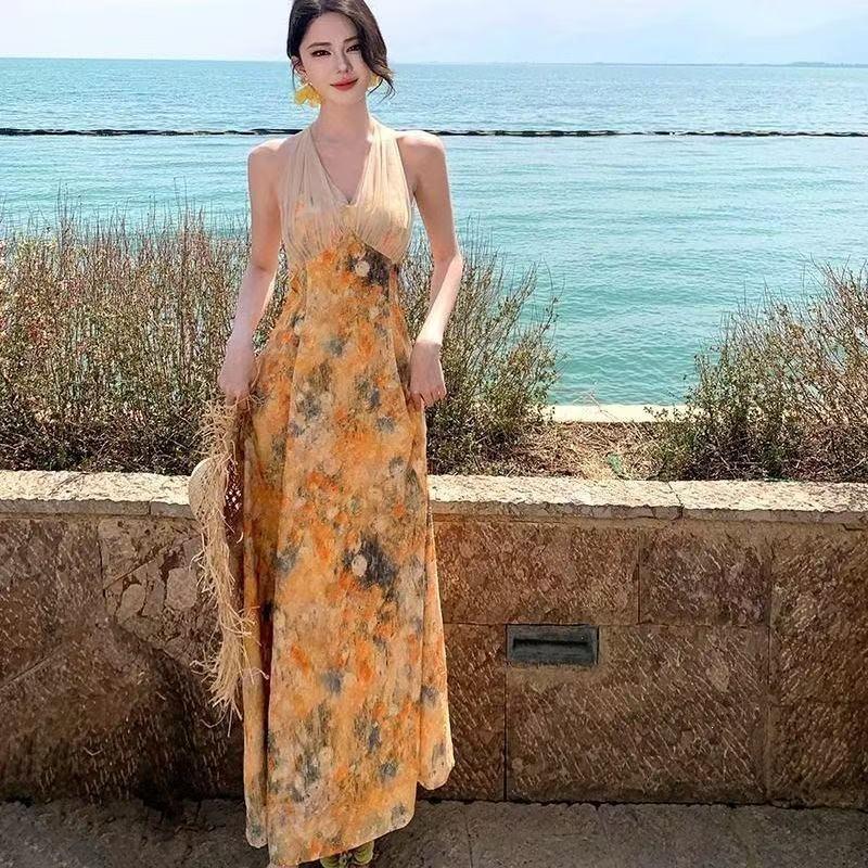 Monet Garden Yellow Neck Dress Oil Painting Dress Dopamine Island Bright Beach Seaside Vacation