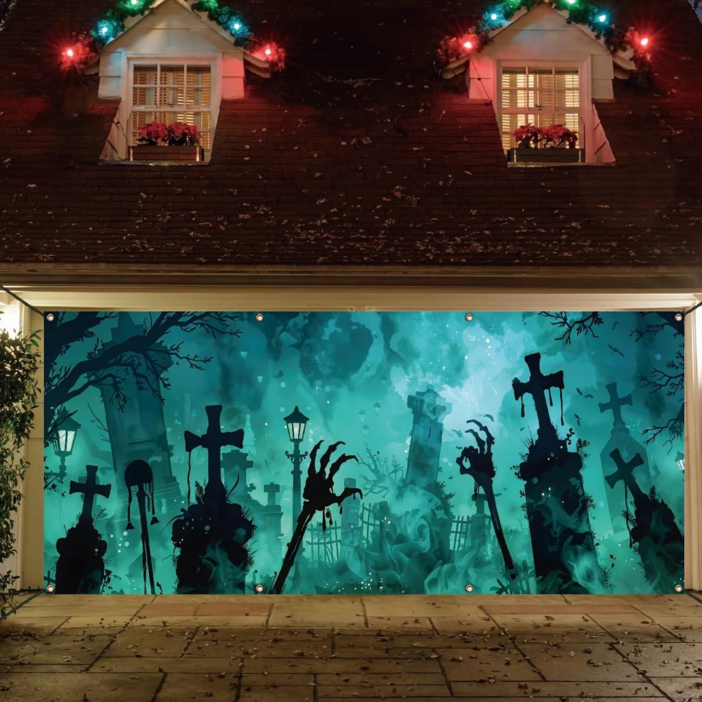 Halloween haunted house cemetery skull banner - 157x71 inches, outdoor holiday decorationzyc