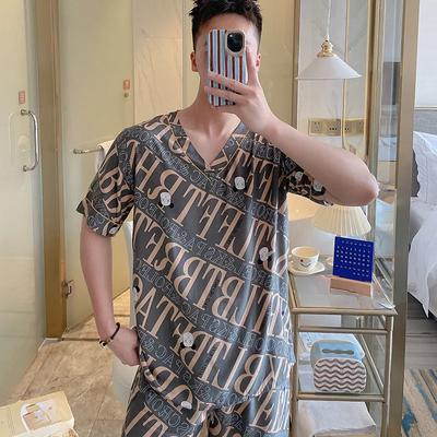 Mode Pyjamas Herren Kurzärmelig V-Ausschnitt Jugend Nachtwäsche Zweiteilig Grau Cartoon Buchstaben Buchstaben Pyjama Set Hauskleidung Atmungsaktiv