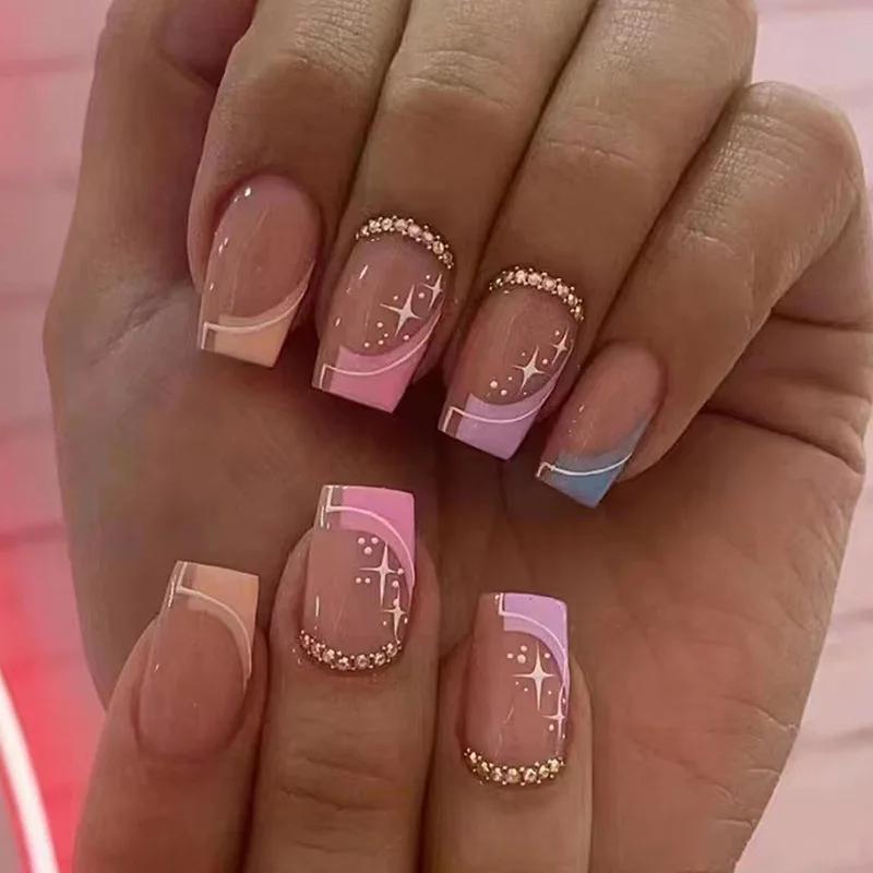 24Pcs Short French Press On Nails Kit With Tools Seamless Removable Full Cover Fake Nails