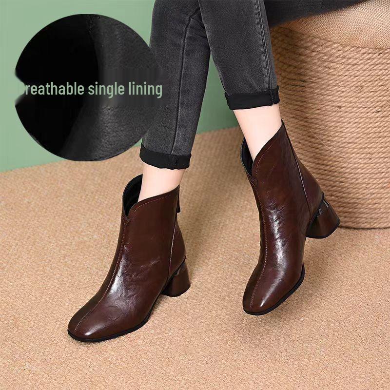 2025 British-Style Women's Chunky Heel Soft Leather Ankle Boots - Comfortable, Warm, Square Toe for Autumn/Winter