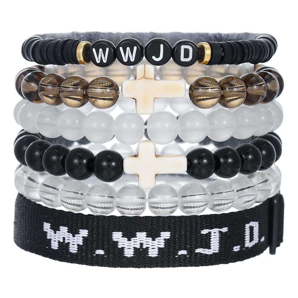 Wwjd Kreuz Armbänder mit Perlen Handgefertigt Geometrisch Polierte Steine Für Männer Frauen Freundschaft Und Glaube