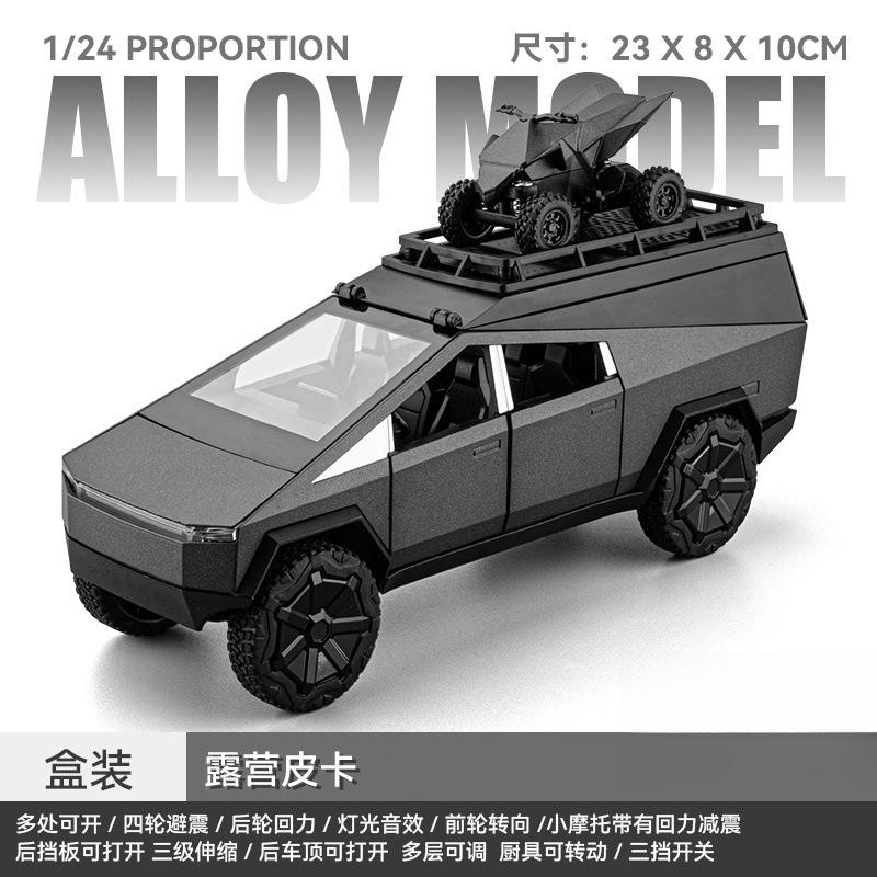 1:24 Cybertruck Camping Pickup With Motorcycle SUV Off Road Alloy Car Diecast Model Collect Hobby Display Ornaments Children Toy