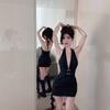 Be careful with the inner battle skirt, deep V-neck lace-up neck dress, women's pure desire sexy backless streamer hip-wrapped short skirt