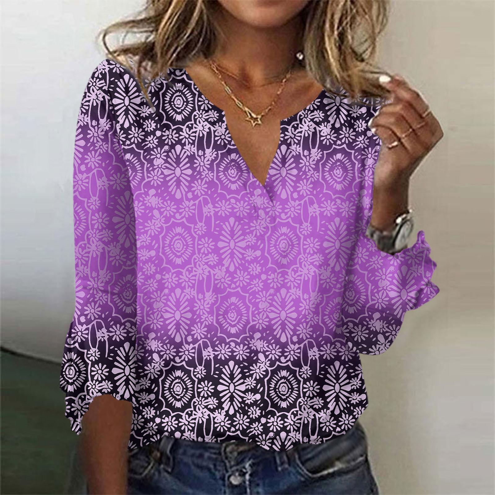 

Женские топы с рукавом 3/4, летние тонкие милые топы с этническим цветочным принтом, футболки с короткими рукавами, рубашки, весенняя блузка XXL фиолетовый