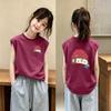 Trendy Sleeveless Round Neck Cotton T-shirt for Girls - Stylish Purple-Red Summer Top