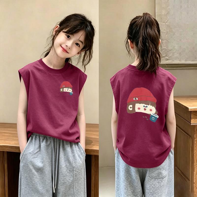 Trendy Sleeveless Round Neck Cotton T-shirt for Girls - Stylish Purple-Red Summer Top