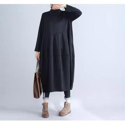 Übergroßer Herbst Rollkragen Locker Kleid Lässig Damen Korea Damen Damenkleider Mode Frau Baumwolle Schwarz Langes Kleid
