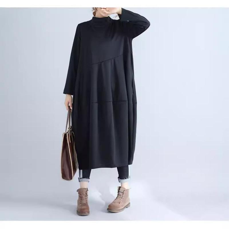 Vestido holgado de cuello alto de otoño de gran tamaño, informal, para mujer, de Corea, de moda, de algodón, negro, largo.
