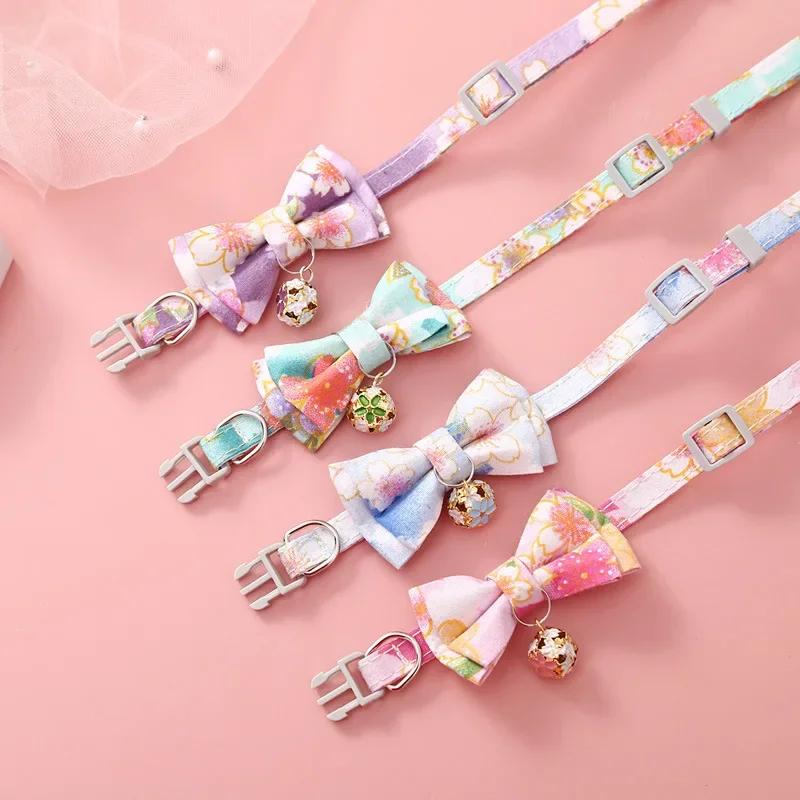 Lattice Bow Pet Cat Collar with Bell Adjustable Pet Collar Bownot Safety Necklace for Puppy Kitten Cat Cute Pattern Pet Supplies