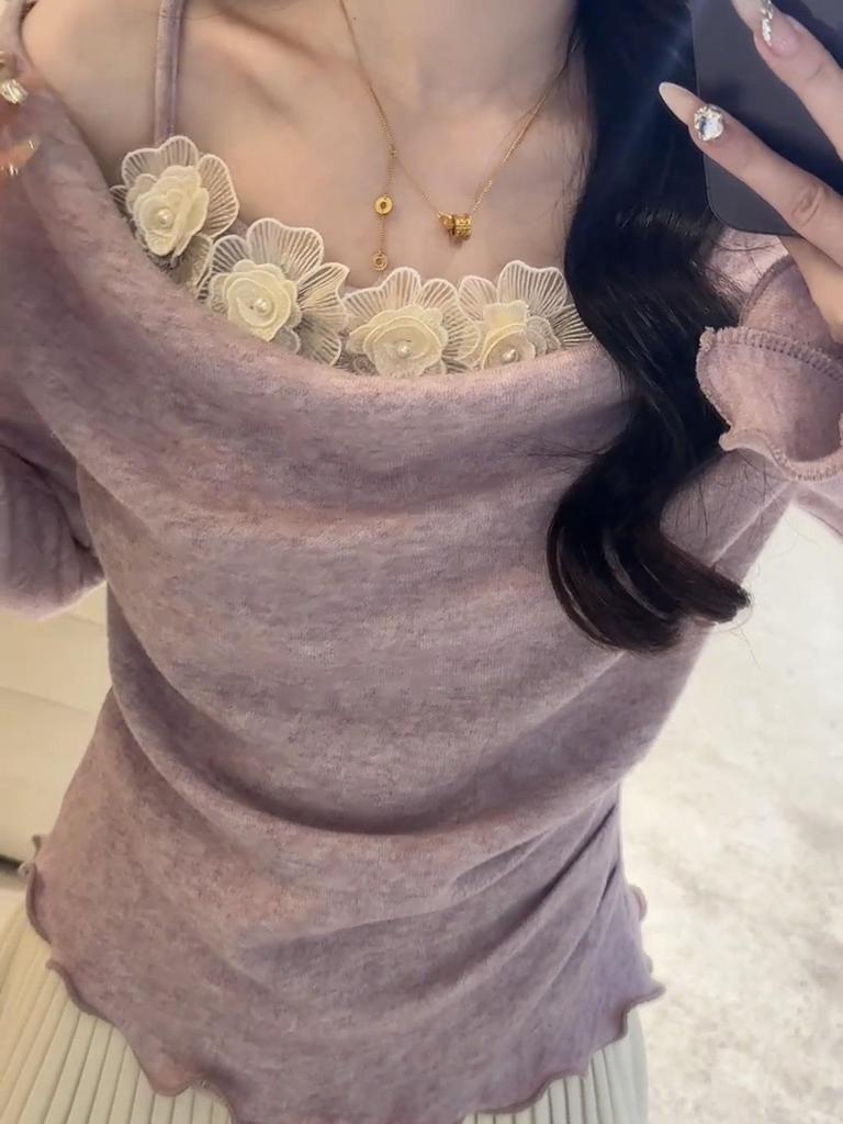 Purple Off-Shoulder Long-Sleeve Slim-Fit Knit Camisole for Women