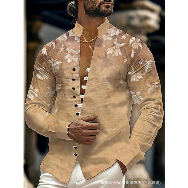 Men S Long Sleeve Chinese Style Button Placket Printed Shirt