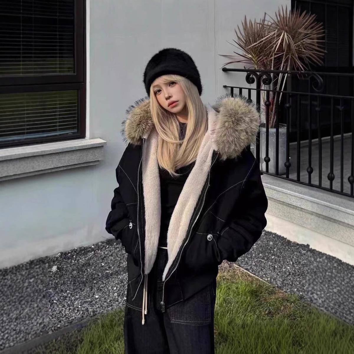 

Женская зимняя новая куртка с хлопковой подкладкой, флисом и более толстой подкладкой из искусственной овчины, чтобы превзойти маленькую куртку с хлопковой подкладкой XL чёрный