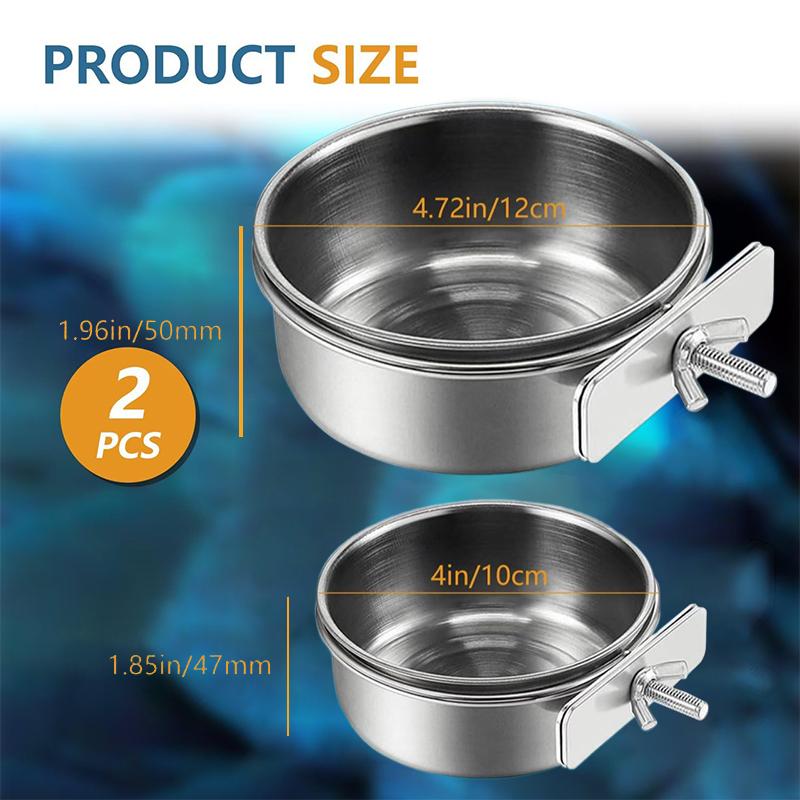 2Pcs Stainless Steel Bird Feeding Bowls, Small Bird Feeding Cup, Stainless Steel Parrot Food Bowl Cage With Holder
