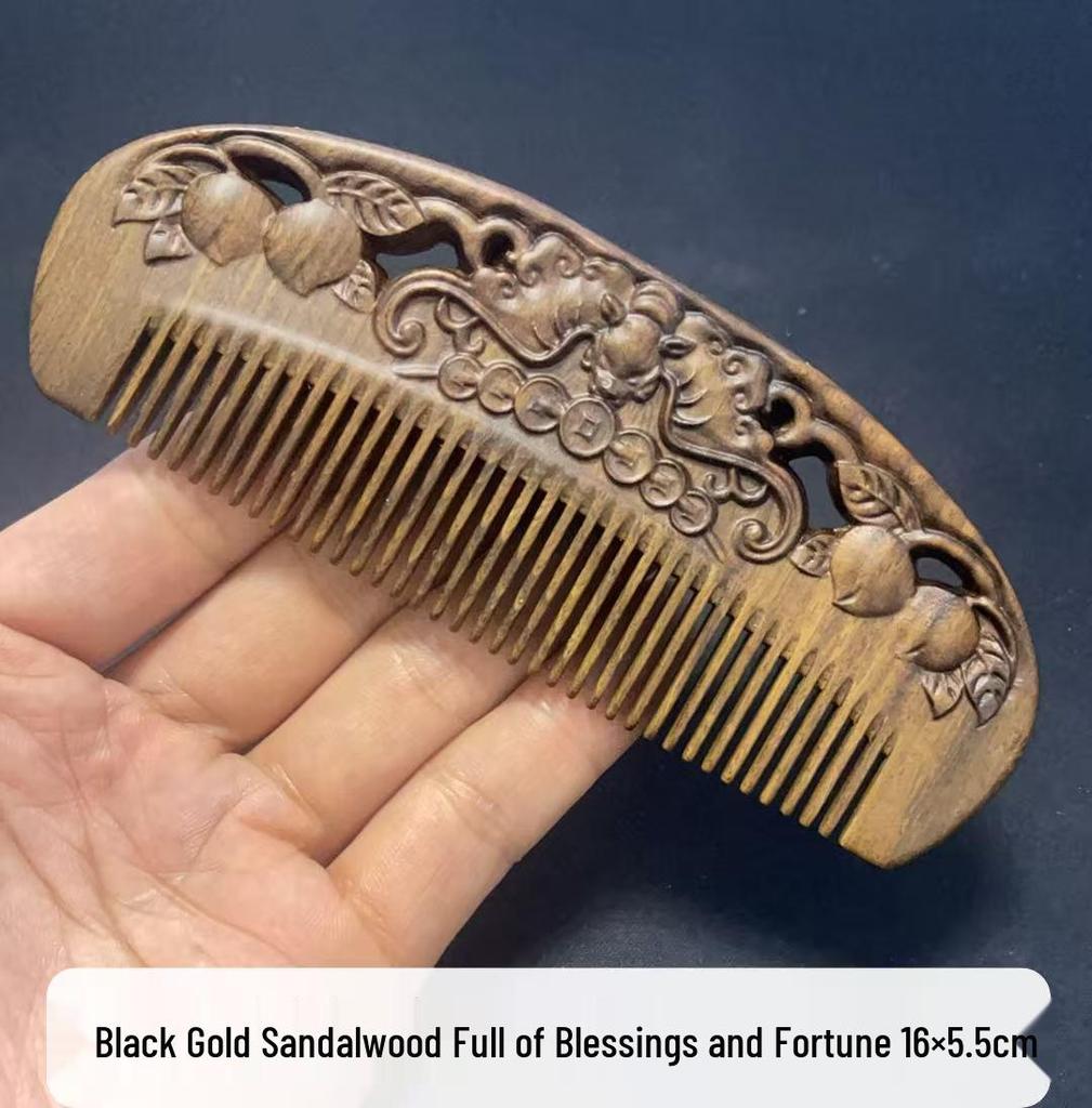 Engraved Green Sandalwood Comb - Black Gold Carved Design, Gift Box Included