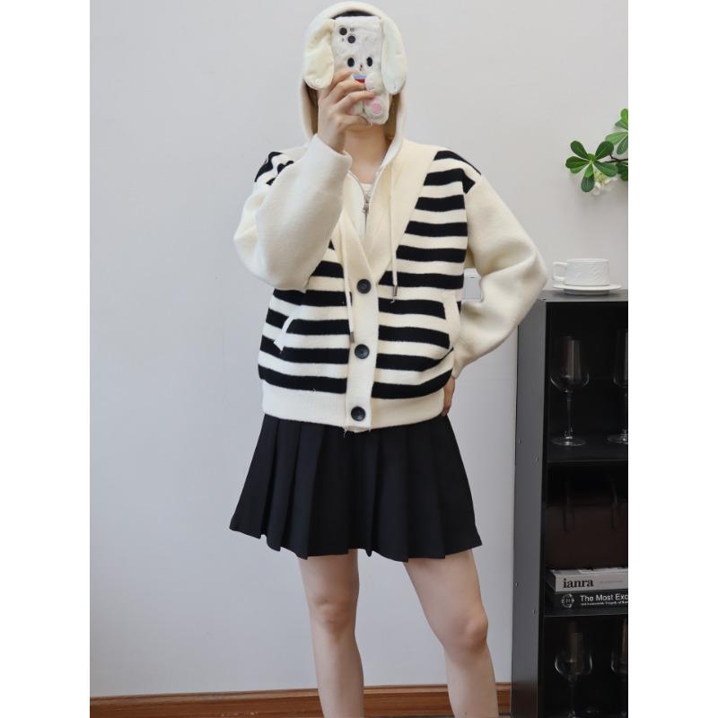 

Женская трикотажная шерстяная кофта-кардиган в полоску с капюшоном, дизайн «двойка», новый дизайн осени и зимы, свободного кроя, двусторонняя one size fits all