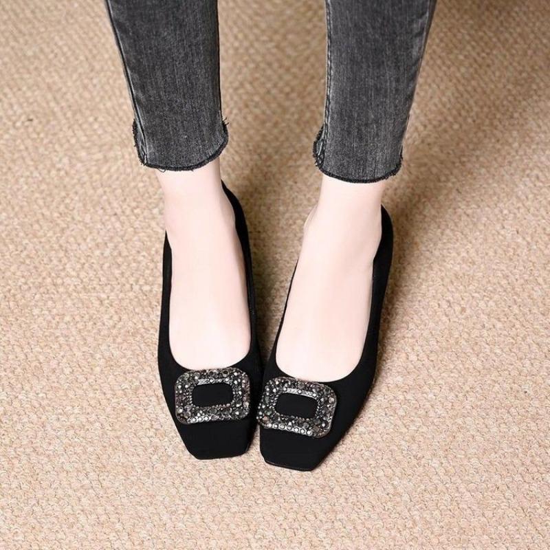 Square buckle rhinestone square head shallow mouth single shoes women's new autumn thick heel not tired feet black high heels