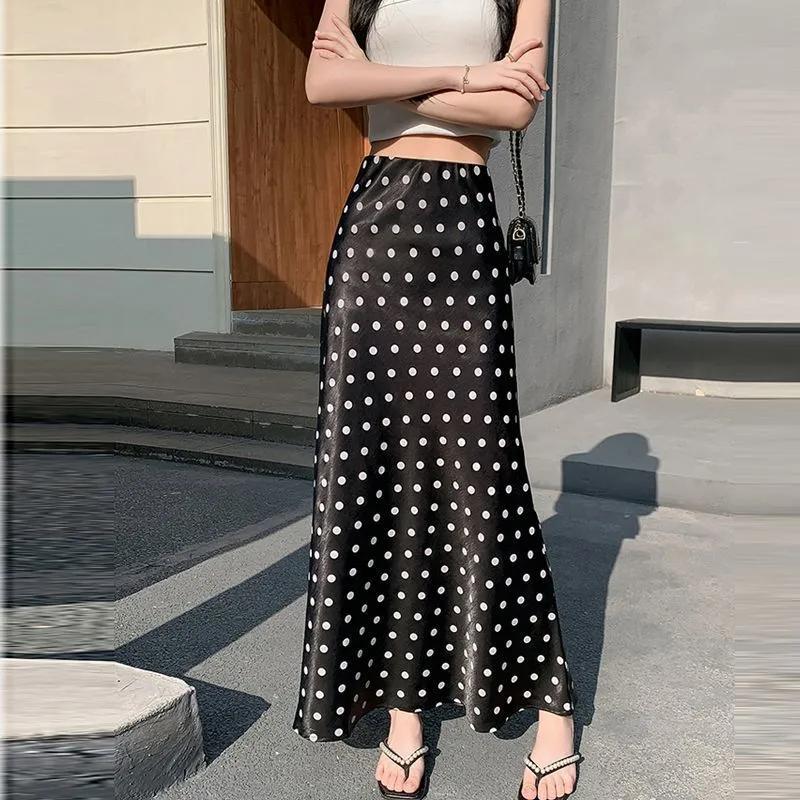 Satin Polka Dot Mermaid Skirt - Flowy Bodycon Midaxi High Waist Flattering Skirt for Women