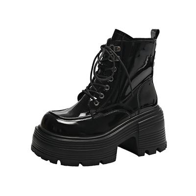 Fashion 2025 New 9cm Black Platform Women Motorcycle Ankle Boots Fashion Lace Up Shoes Autumn Winter Thick Heel Women's Short Booties