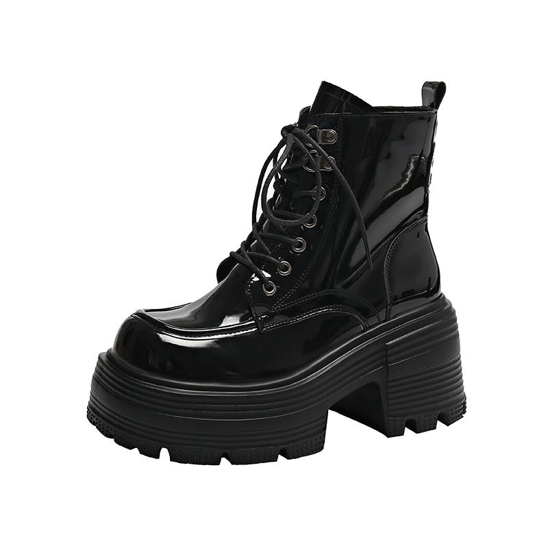 Fashion 2025 New 9cm Black Platform Women Motorcycle Ankle Boots Fashion Lace Up Shoes Autumn Winter Thick Heel Women's Short Booties