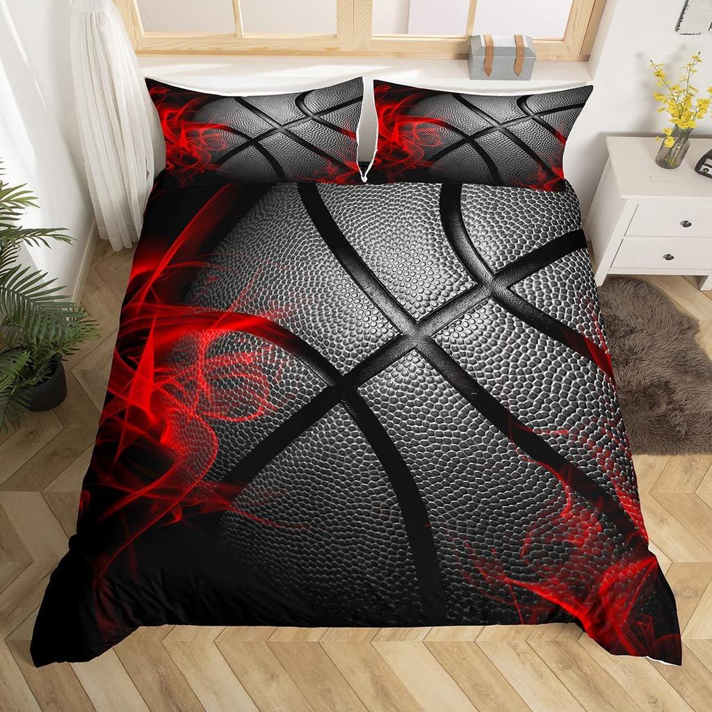 Black basketball quilt cover three-piece set 3D ball sports theme down quilt cover Europe and America