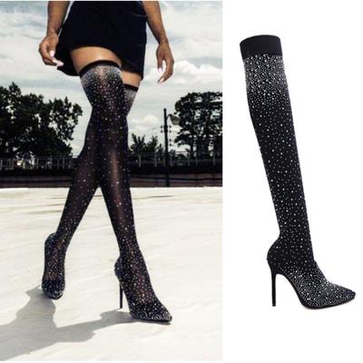 Moda Sexy Diamantes de Imitación Calcetines Largos Mujer Sobre la Rodilla Botas Altas Hasta el Muslo Tacón Alto Puntiagudas Fiesta Señoras Tacones Altos Brillantes Mujer Zapatos de Salón