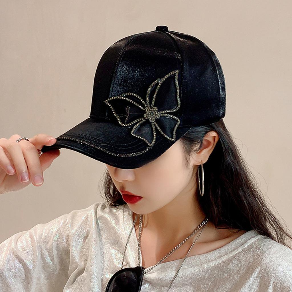 Fashion Women Rhinestone Butterfly Baseball Hat, Shiny Satin Sun Cap with Crystal Brim Decoration, Adjustable Elegant Casual Peaked Visor Hat