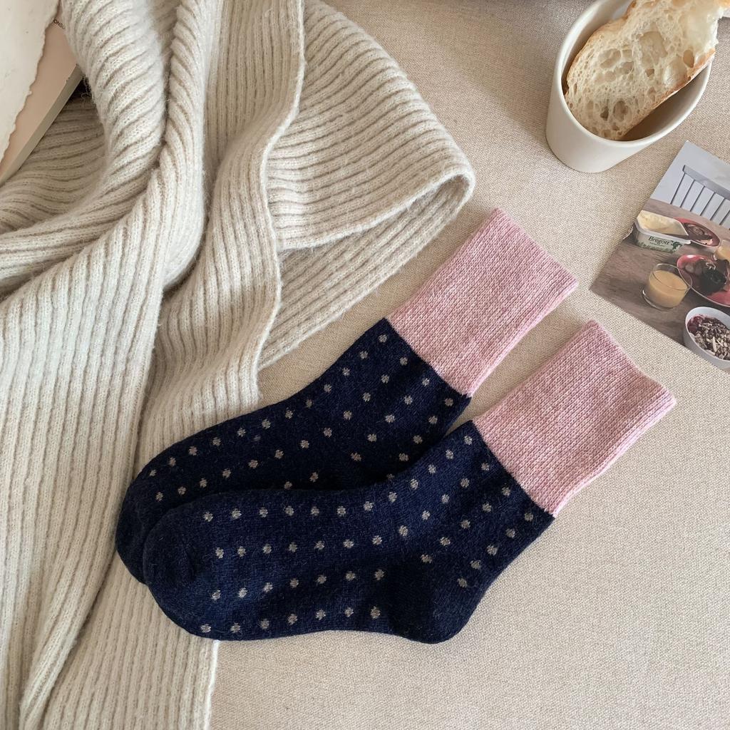 Vintage Socks Contrasting Color Stacked Socks Polka Dot Thickened Warm Mid-Tube Wool Small Color Blockage Women