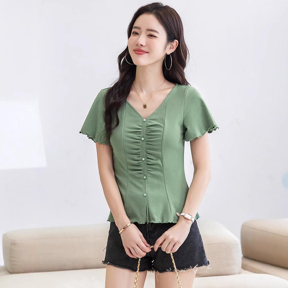 Frühling/Sommer 2025 Damen V-Ausschnitt Kurzarm T-Shirt - Koreanischer Stil mit süßen Rüschenärmeln