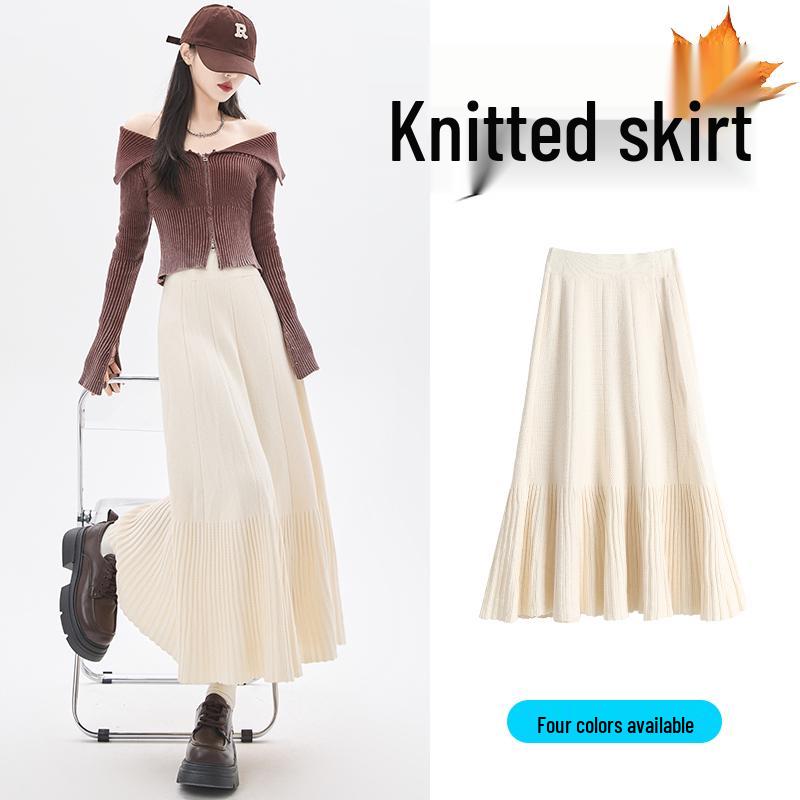 

Женская трикотажная шерстяная плиссированная юбка миди серого цвета с высокой талией - Весна/Лето 2025 А-силуэт S