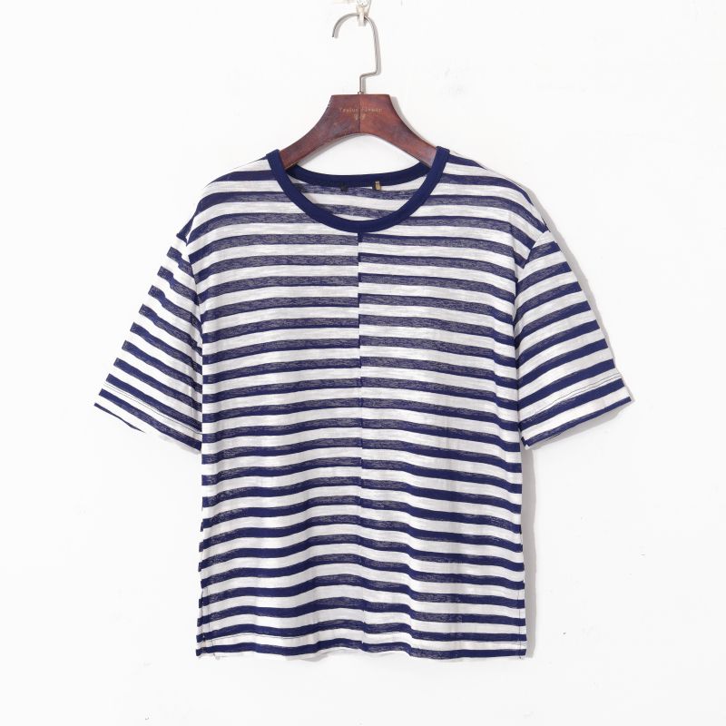 

Летняя женская одежда Мода K-стиль Полоска смешанных цветов Круглый вырез Пуловер Короткий рукав Свободная Легче всего сочетать Легкая Дышащая футболка Blue and White Stripes S