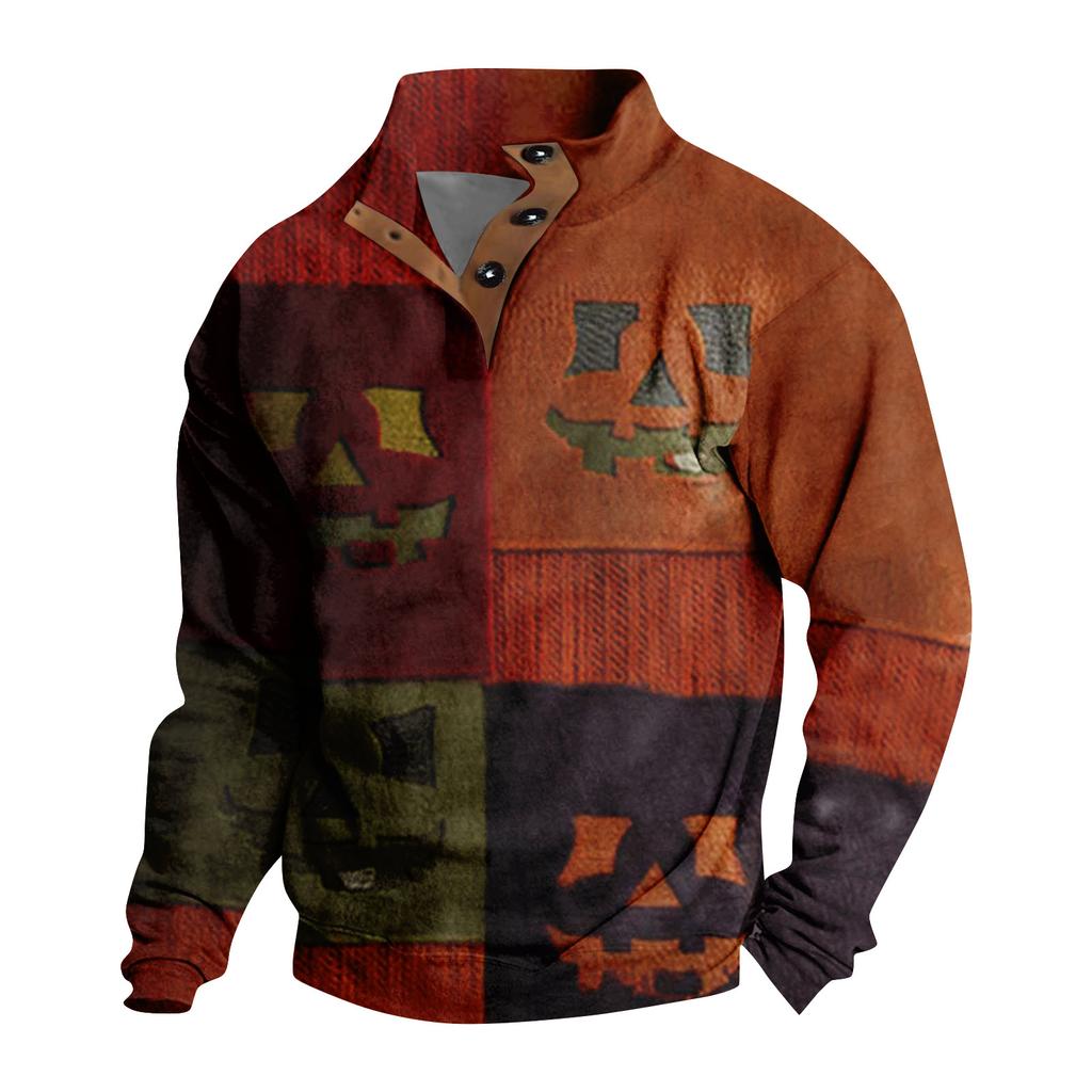 Men's Casual Fashion Christmas Printed Hoodless Sweatshirt Wide Men's Loose Button Stand Collar Hooded Sweatshirt
