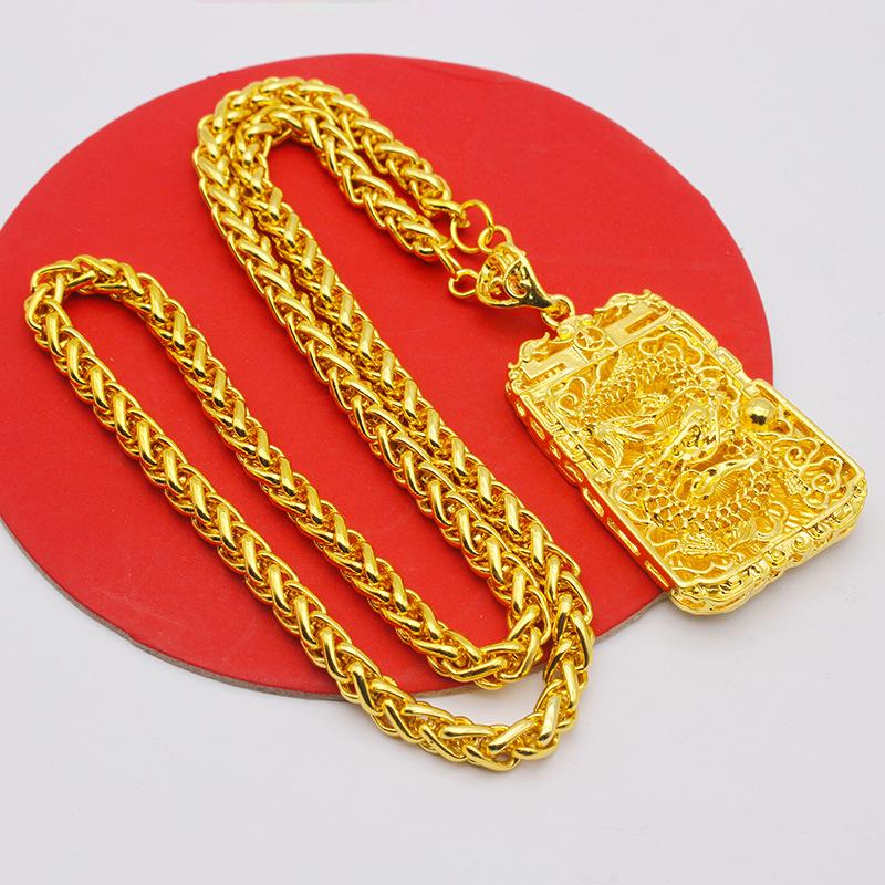 Men's Gold-plated Large Tag Necklace, Flame Square Dragon Brand, Guanyin Maitreya Buddha Pendant Necklace.