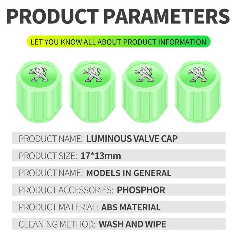 4Pcs Luminous Car Tire Valve Caps Badge Emblem Accessories For Peugeot 206 308 307 208 207 3008 2008 508 407 301 406 408 607