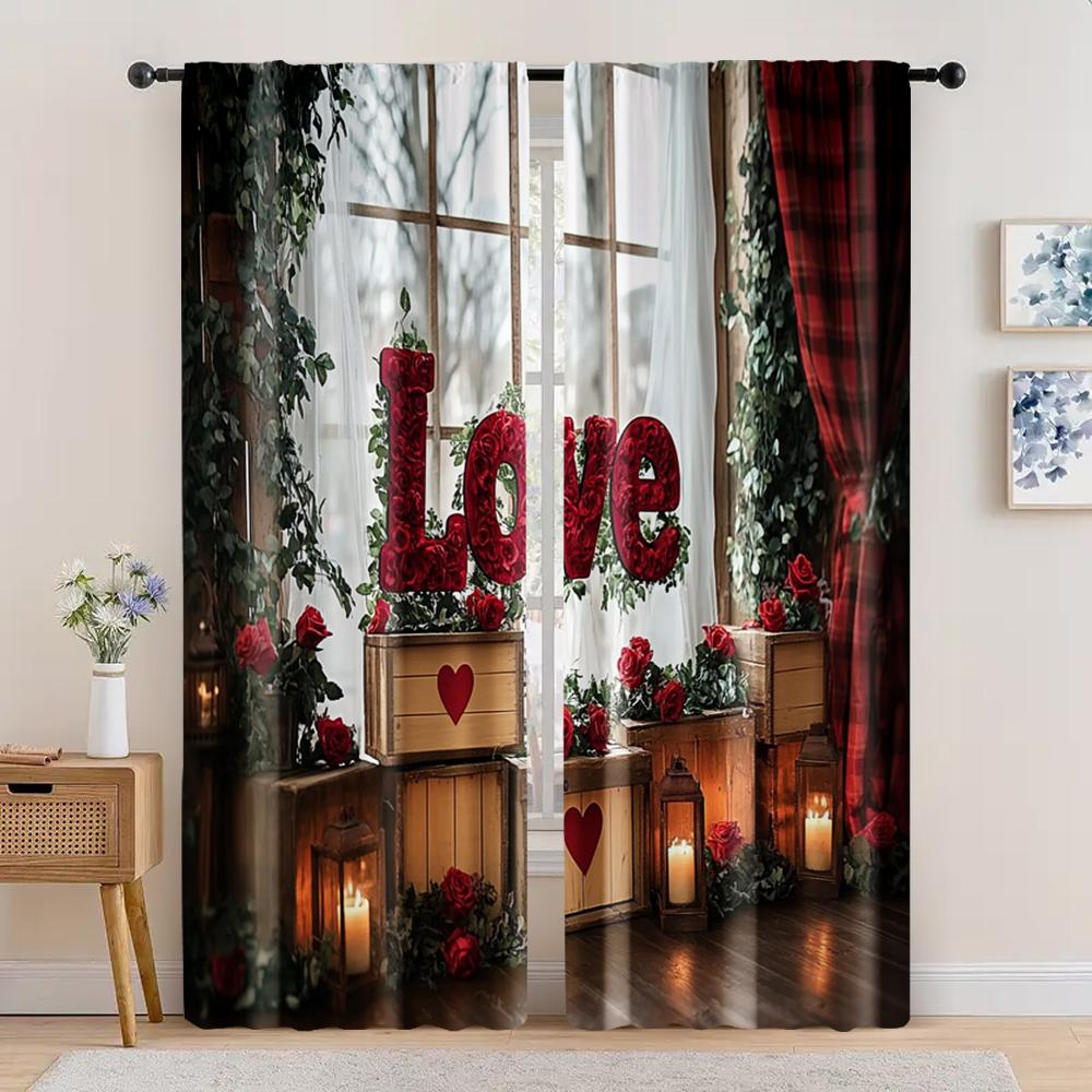 2pc,  Happy Valentine's Day Drapes Happy Valentines Day Machine Washable Fabric,Without Electricity Versatile Suitable for