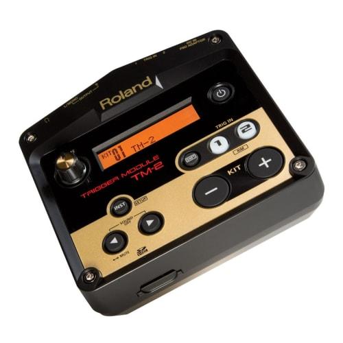 Roland TM-2 Trigger Module, a hybrid drum sound module ideal for live performance and practice. Supports SD card and battery operation, with two trigg