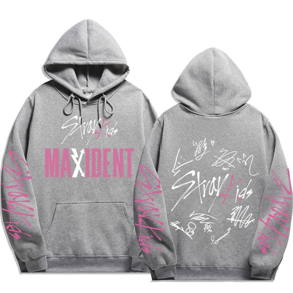 Sweat à capuche signature Stray Kids MAXIDENT Imprimés scriptés Stray Kids et au dos Stray Kids avec les signatures des 8 membres, Pullovers surdimensionnés pour fans de K-Pop