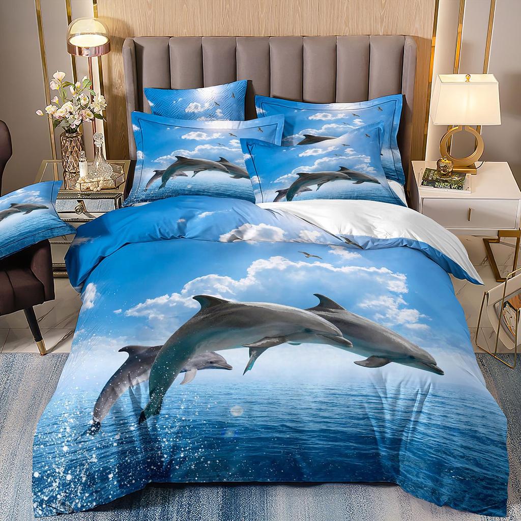 3D-gedruckte Heimtextilien Bettwäsche Delfin Meeresschildkröte Meerestier Quilt-Set Dreiteiliges Set