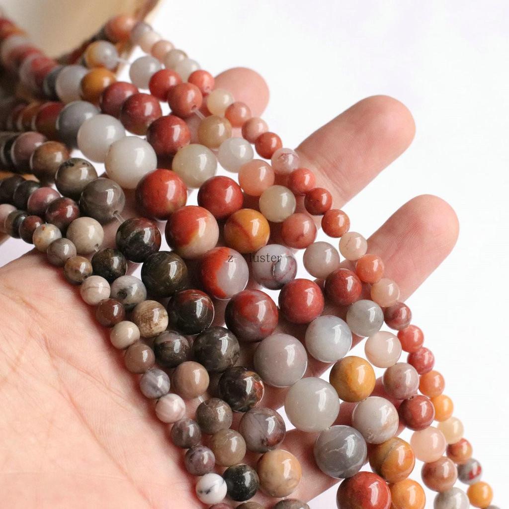 Tri-Color Petrified Wood Jade Beads (Round, 6-12mm) for DIY Jewelry Crafting