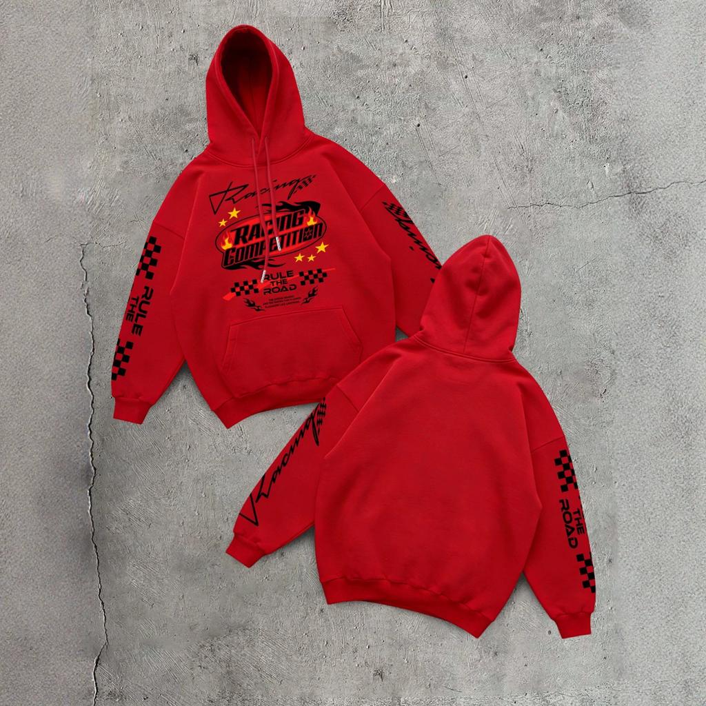 Racing grid flag flame print hooded sweater loose shoulder men's and women's jackets men's and women's hooded couples