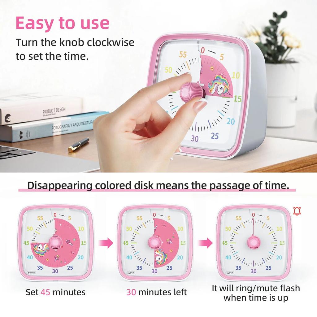 Visual Timer with Night Light, 60-Minute Countdown Timer for Kids and Adults, Silent Classroom Timer for Home, School