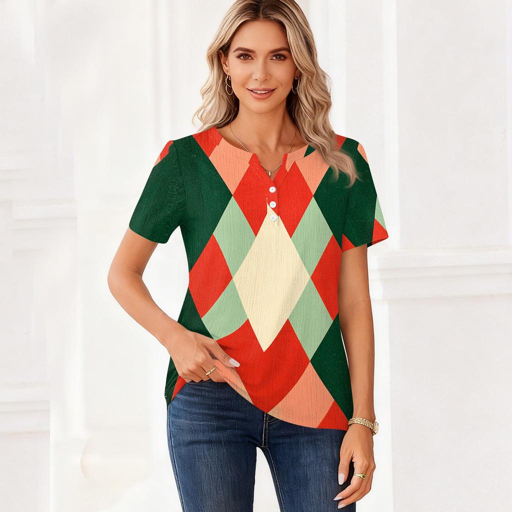 Women's Casual Christmas Print V-Neck Short Sleeve Button Down T-Shirt