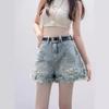 Women's High Waist A Line Denim Shorts Vintage Ripped Fringe Raw Hem Summer Hot Pants