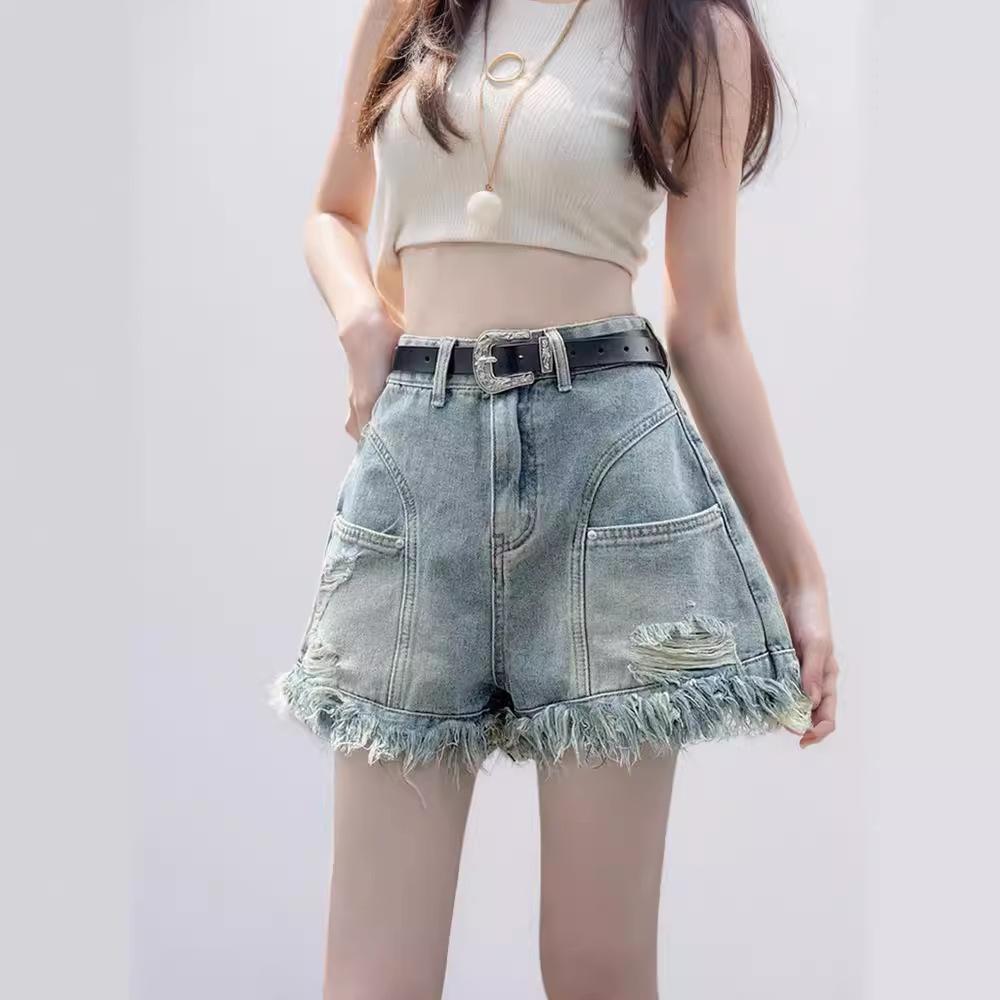 Women's High Waist A Line Denim Shorts Vintage Ripped Fringe Raw Hem Summer Hot Pants