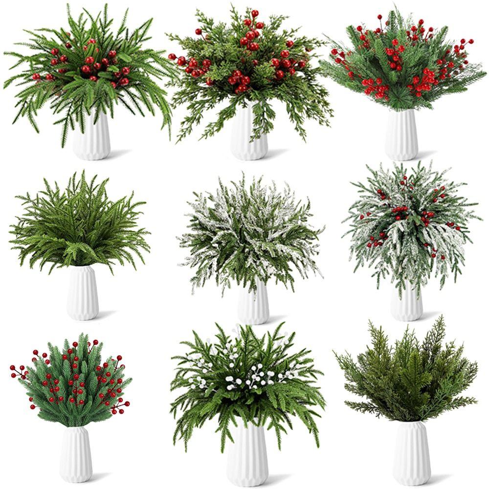 Greenery Leaves Fake Cedar Pine Red Berries Natural Looking Lifelike Faux Pine  Home Decoration