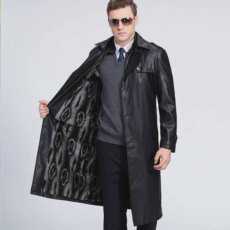 Men's Long Sheepskin Leather Winter Jacket with Velvet Lining, Windbreaker, Soft Leather Suit Collar