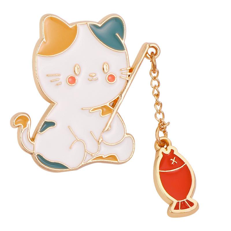 Cat Cartoon Fishing Style Metal Badge Accessory Sweater Jacket Decoration Brooch